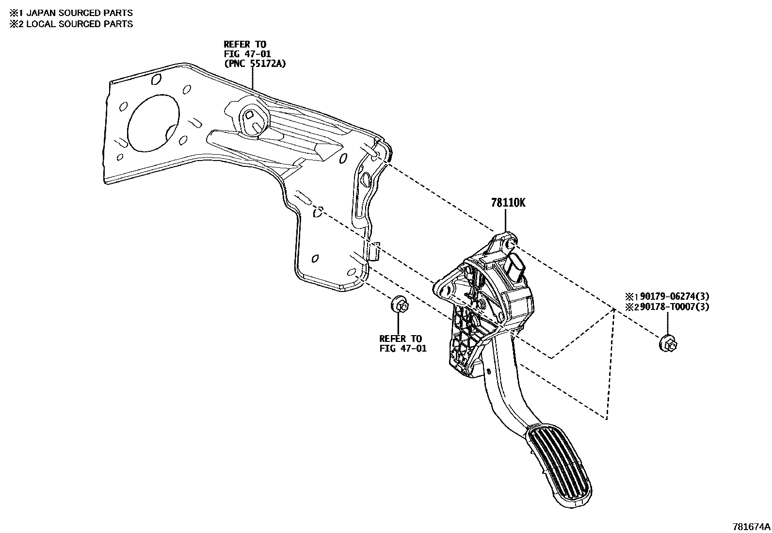 Toyota COROLLA accelerator pedal connecting rod EPC diagram — 781674A