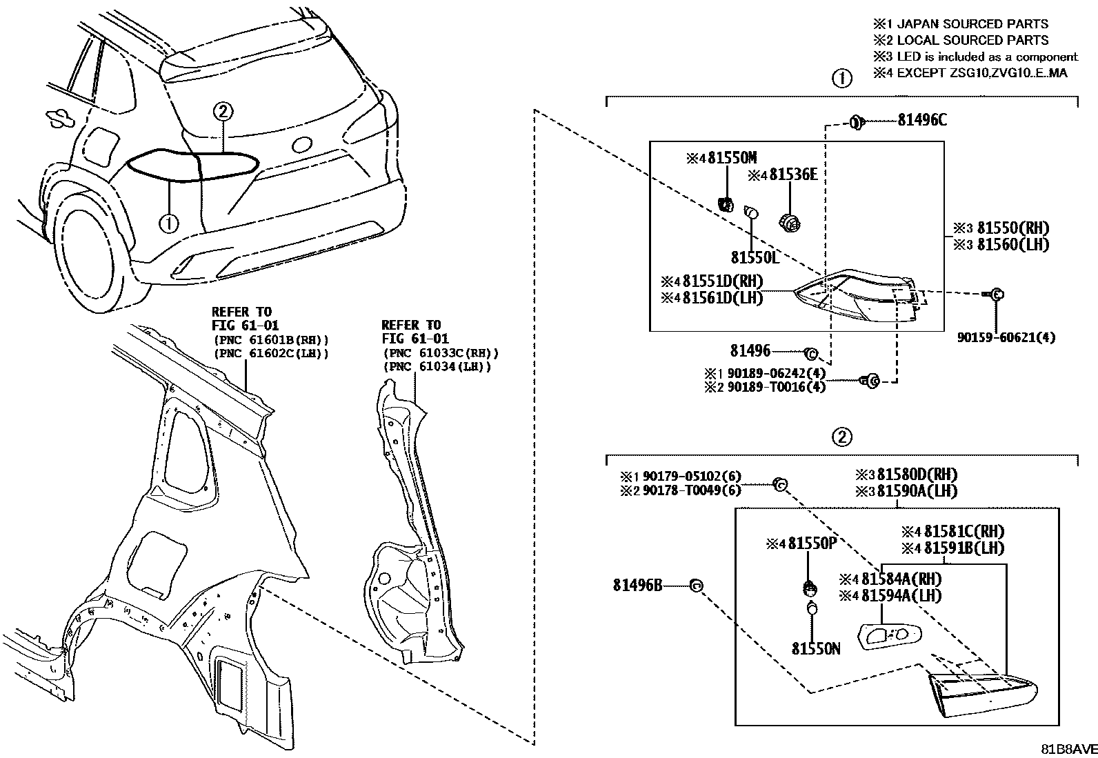 Toyota COROLLA 后组合灯 EPC diagram — 81B8AVE