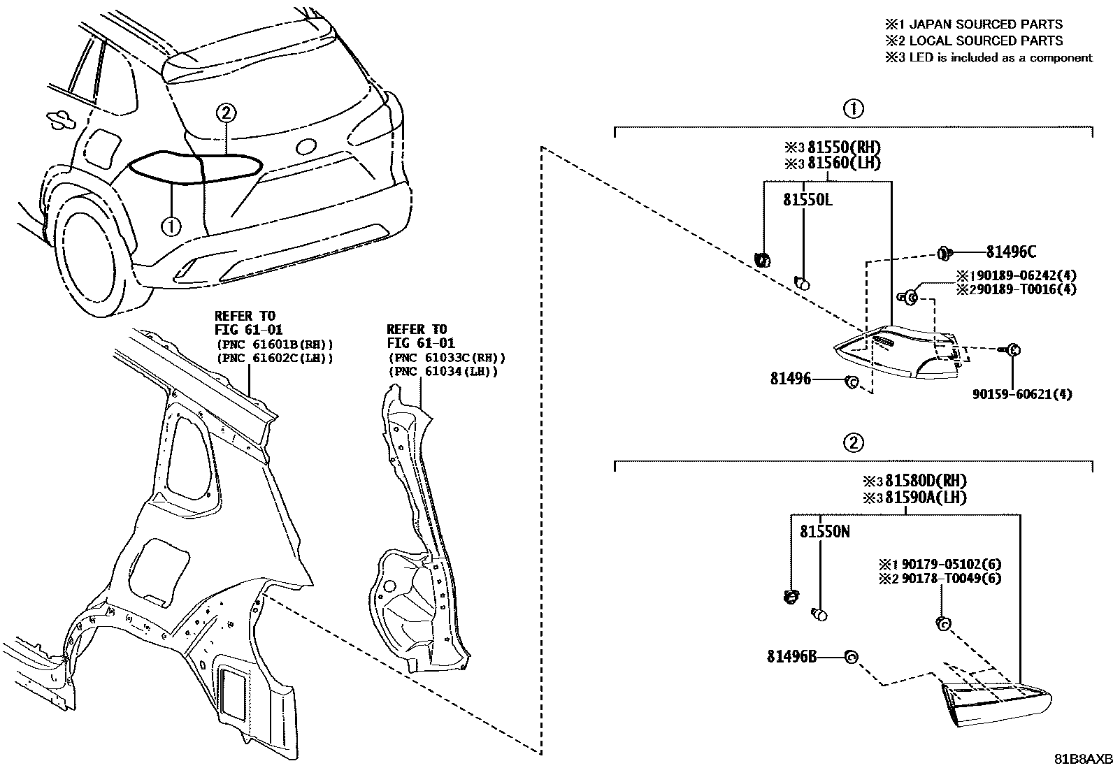 Toyota COROLLA 后组合灯 EPC diagram — 81B8AXB