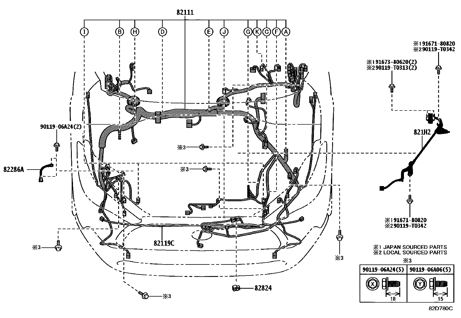 Toyota COROLLA 线束和卡夹 EPC diagram — 82D780C