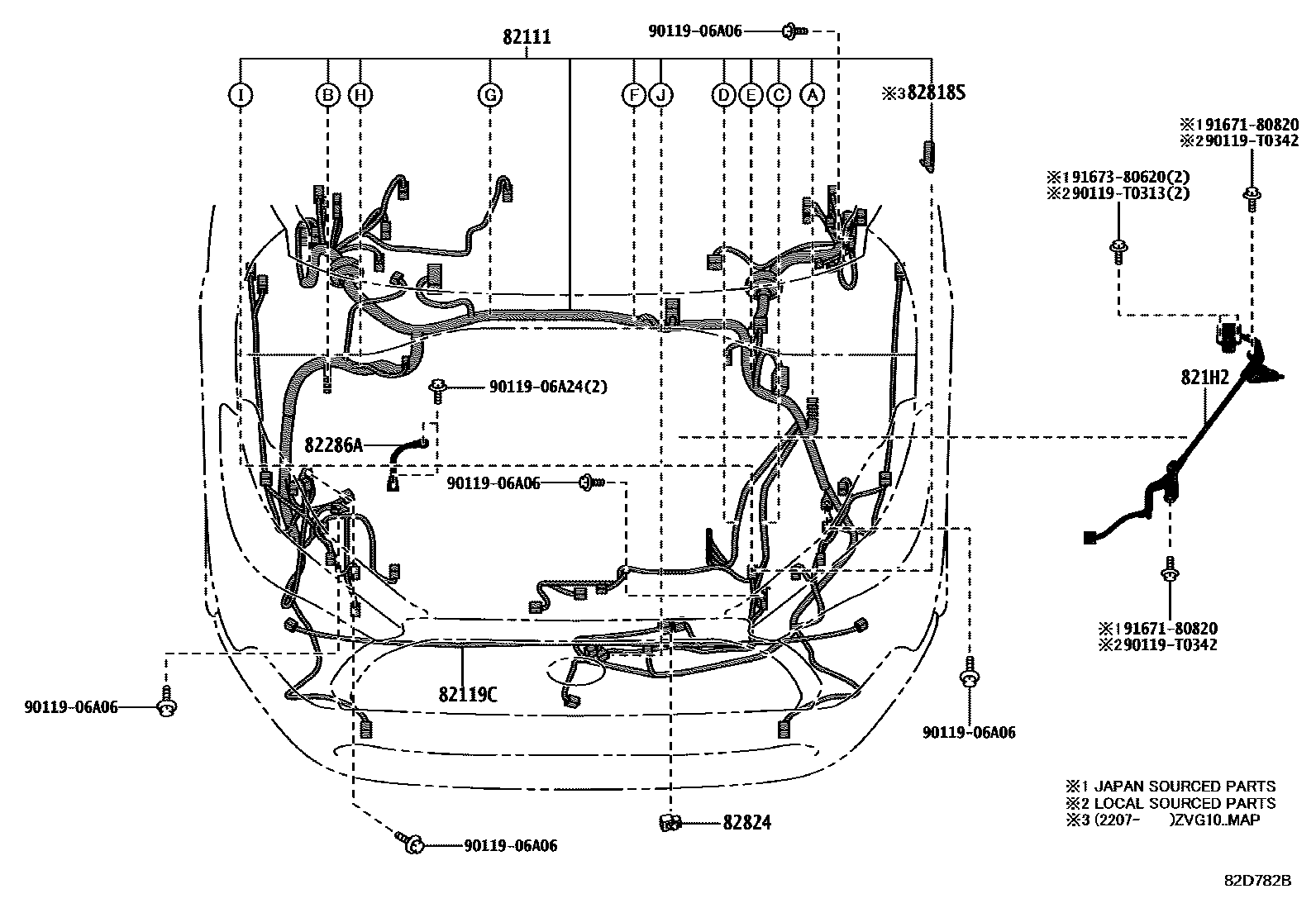 Toyota COROLLA 线束和卡夹 EPC diagram — 82D782B