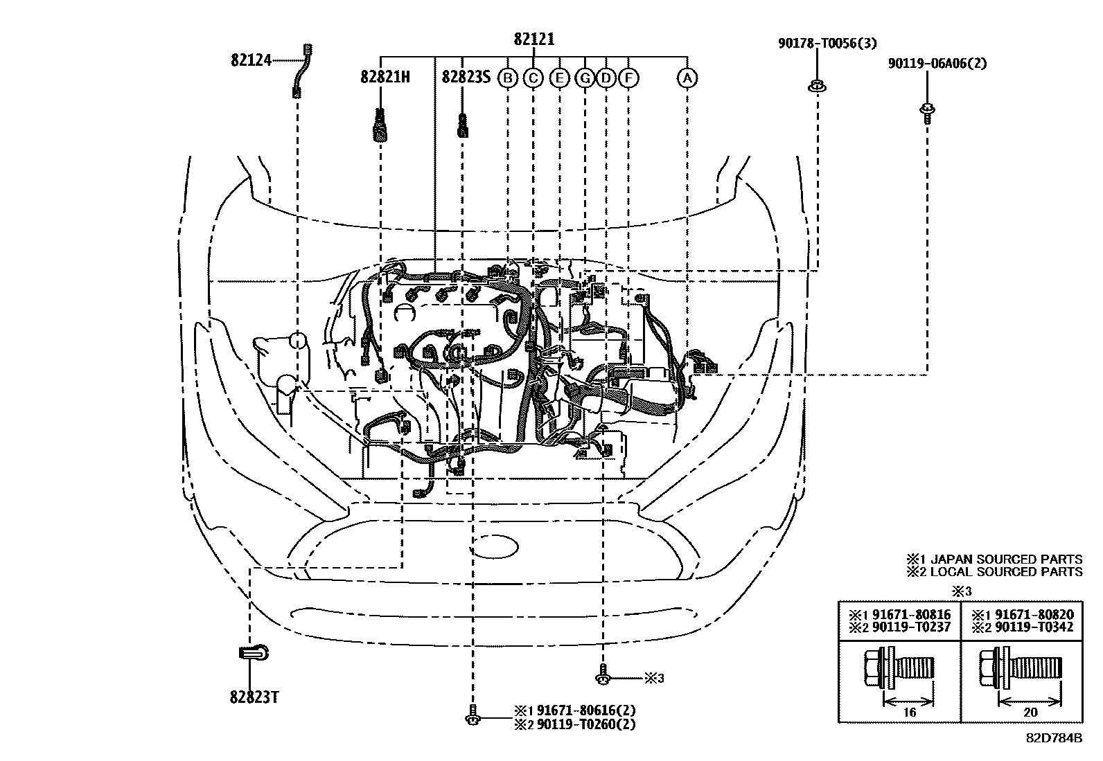 Toyota COROLLA 线束和卡夹 EPC diagram — 82D784B