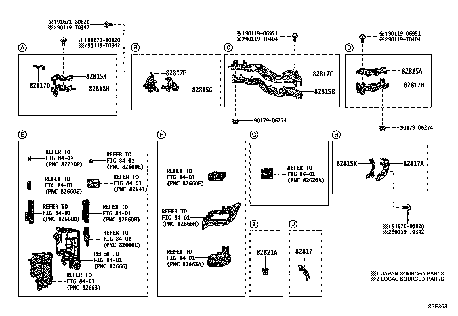 Toyota COROLLA 线束和卡夹 EPC diagram — 82E363
