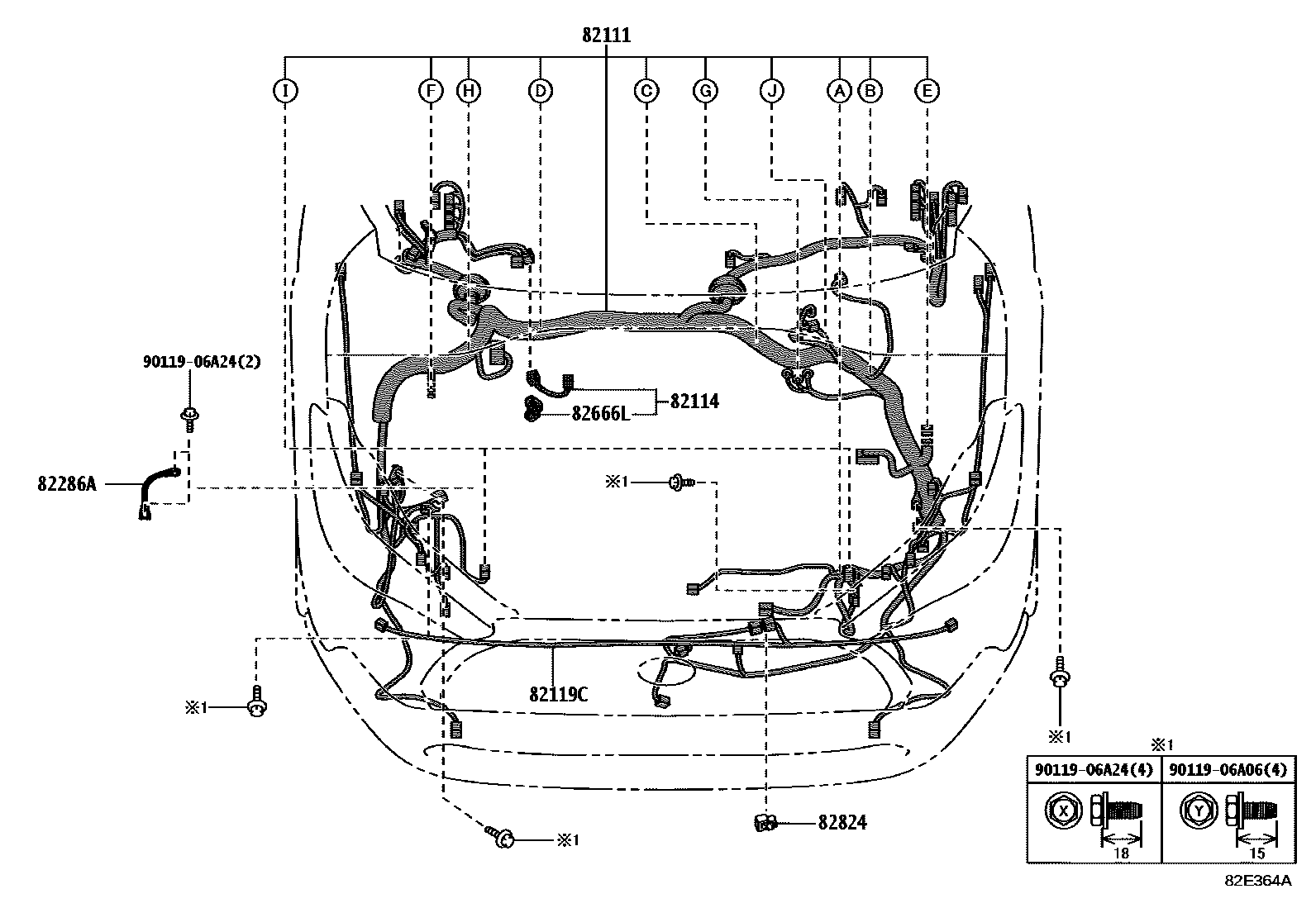 Toyota COROLLA 线束和卡夹 EPC diagram — 82E364A
