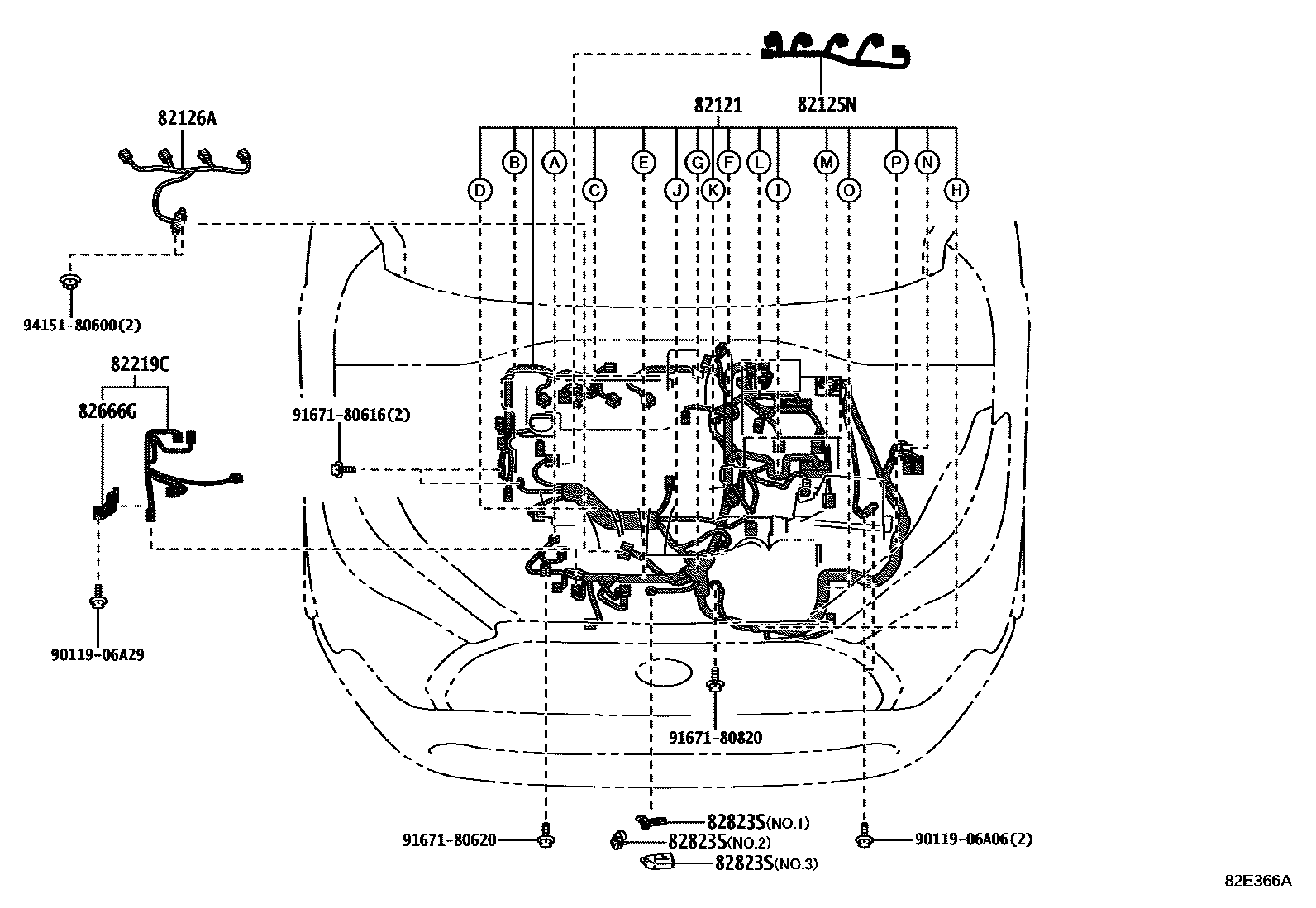 Toyota COROLLA 线束和卡夹 EPC diagram — 82E366A