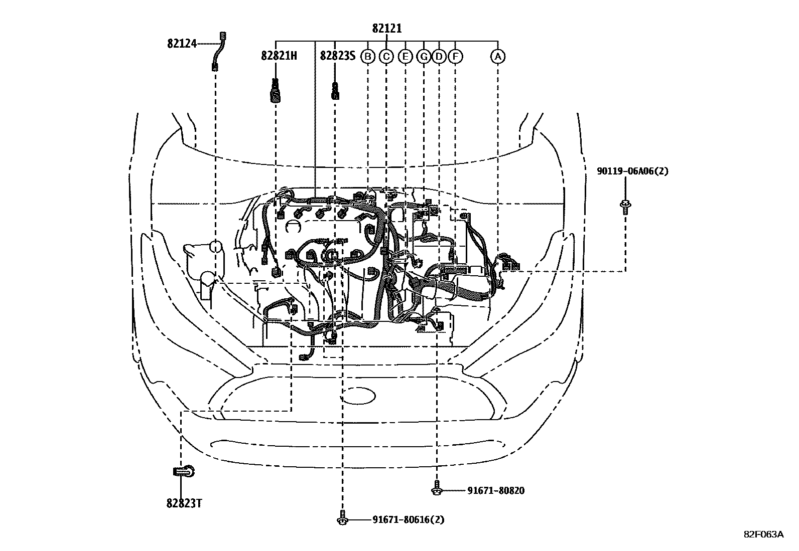Toyota COROLLA 线束和卡夹 EPC diagram — 82F063A