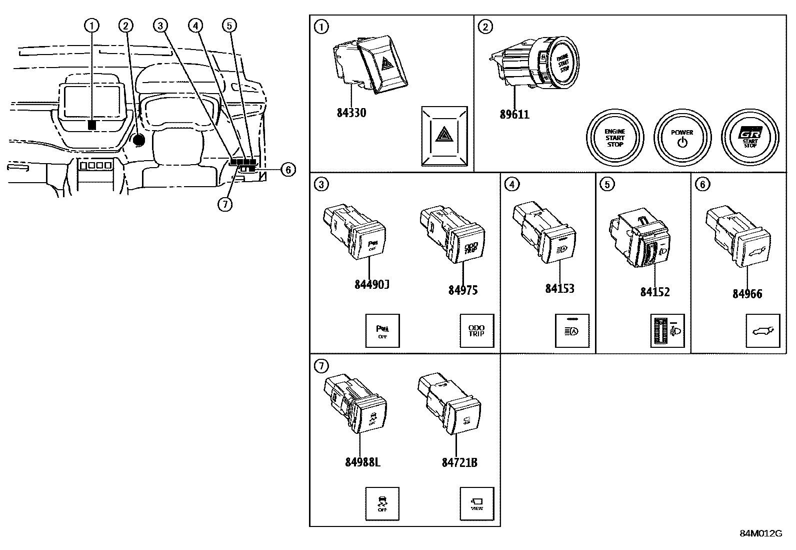 Toyota COROLLA 开关和继电器和ECU EPC diagram — 84M012G