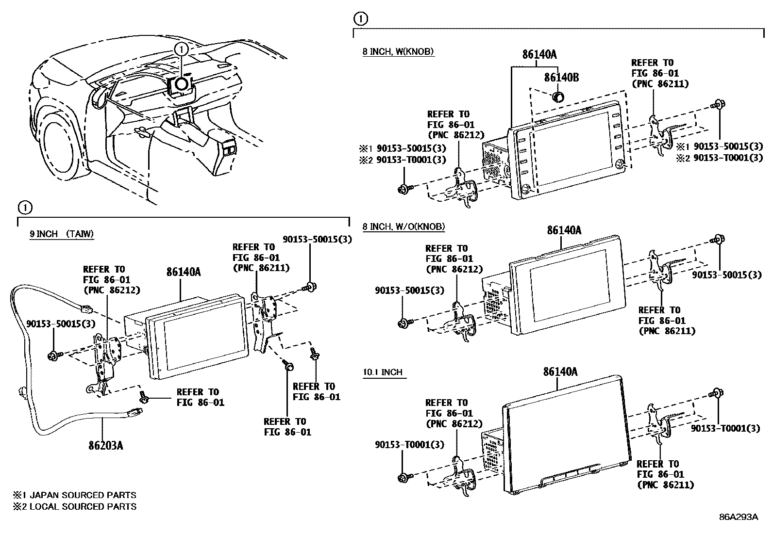 Toyota COROLLA 导航和前监视器显示屏 EPC diagram — 86A293A