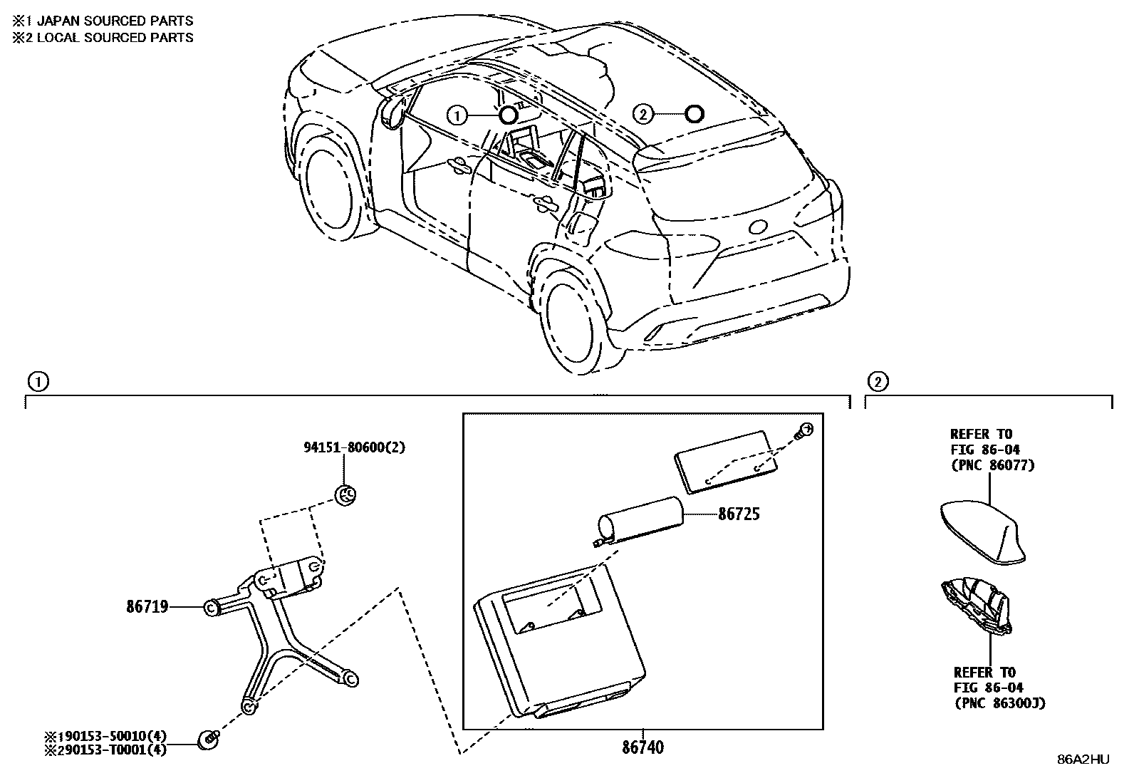 Toyota COROLLA 车载电话和呼救装置 EPC diagram — 86A2HU