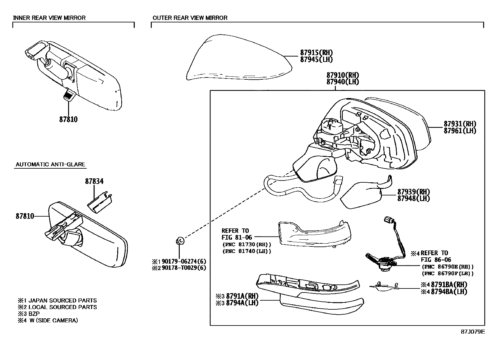 Toyota COROLLA 后视镜 EPC diagram — 87J079E