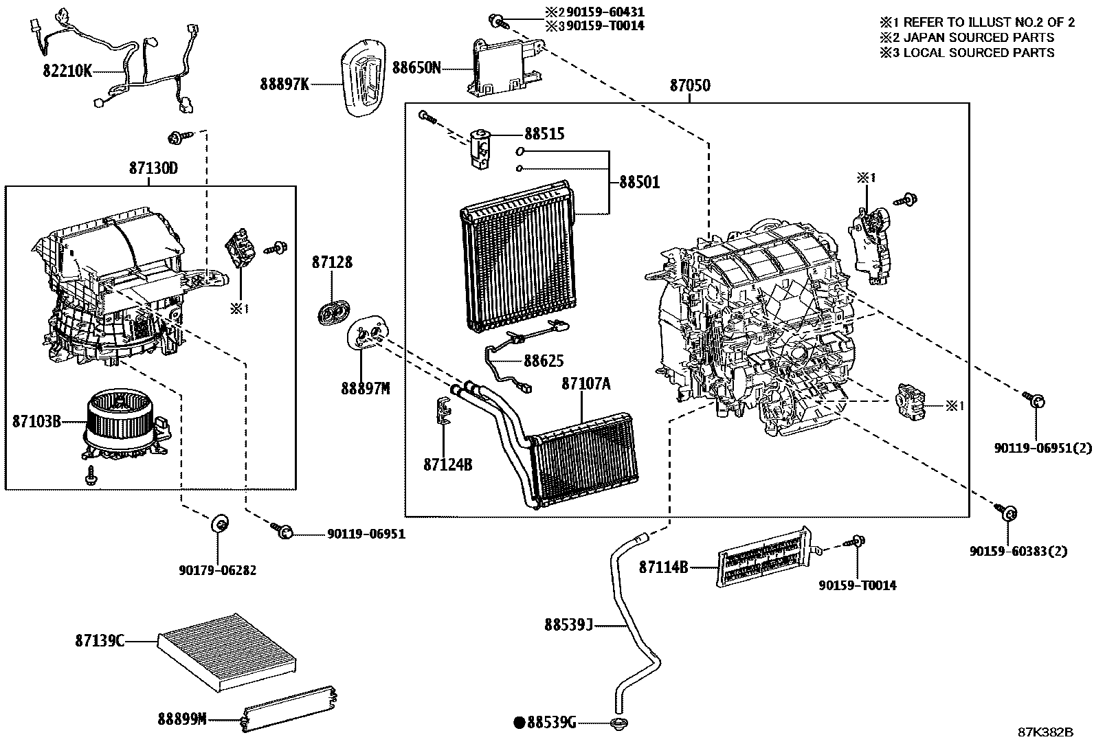Toyota COROLLA 暖风和空调系统 - 冷却器组件 EPC diagram — 87K382B