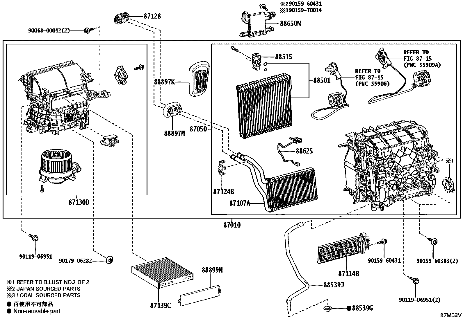 Toyota COROLLA 暖风和空调系统 - 冷却器组件 EPC diagram — 87M53V