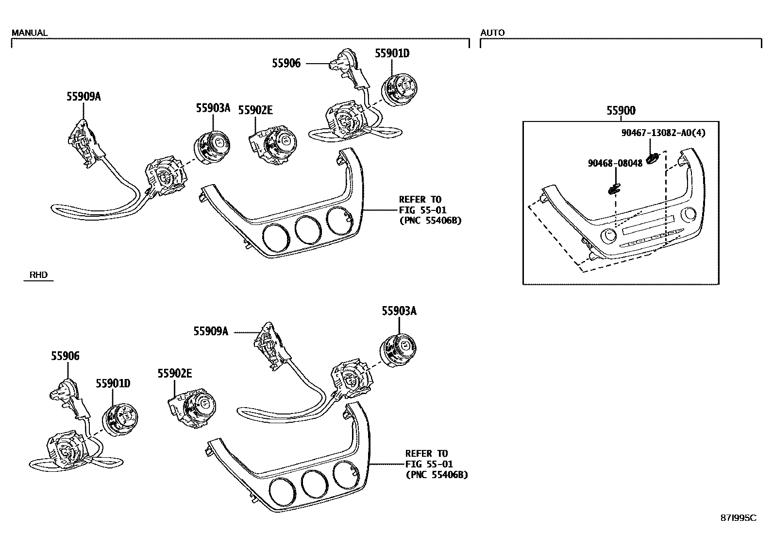 Toyota COROLLA 暖风和空调系统 - 控制器和风管 EPC diagram — 87I995C