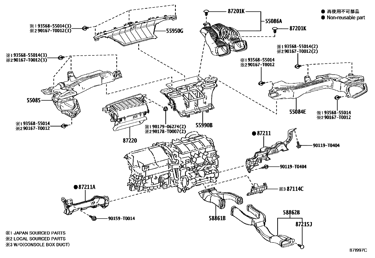Toyota COROLLA 暖风和空调系统 - 控制器和风管 EPC diagram — 87I997C