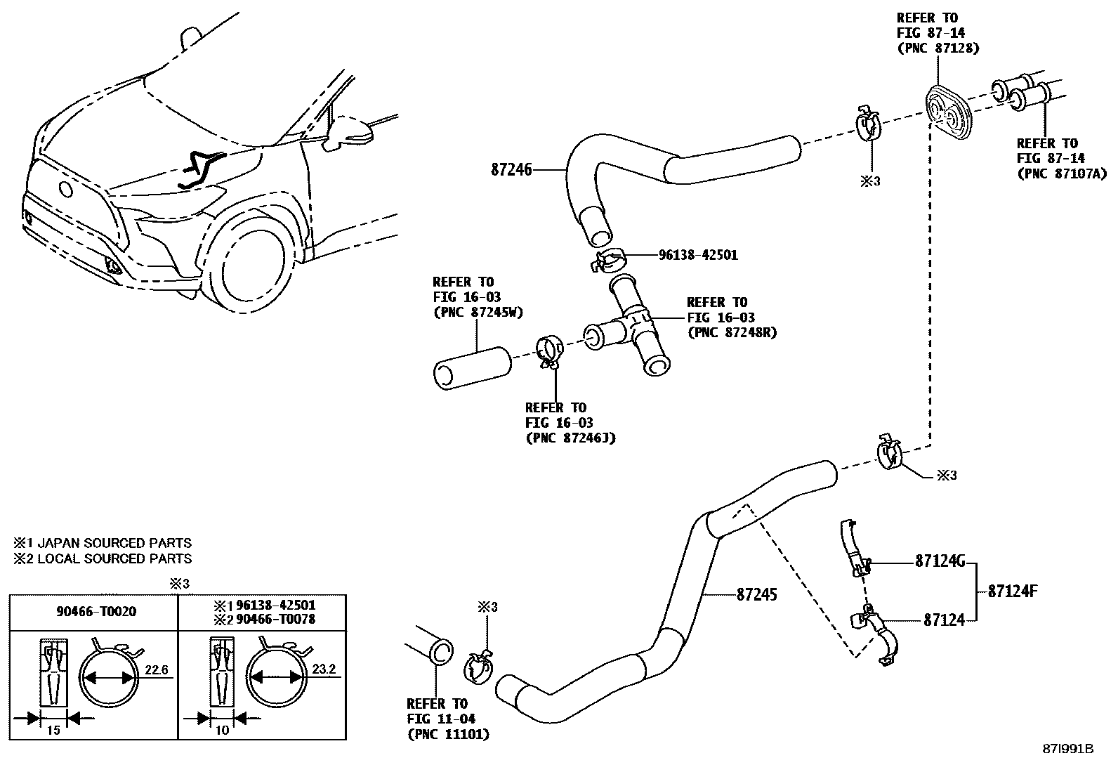 Toyota COROLLA 暖风和空调系统 - 水管 EPC diagram — 87I991B