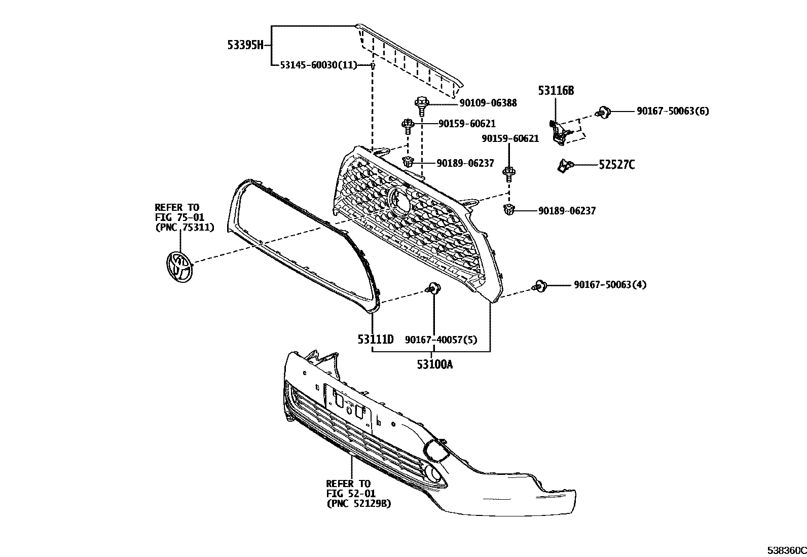 Toyota COROLLA radiator grille EPC diagram — 538360C