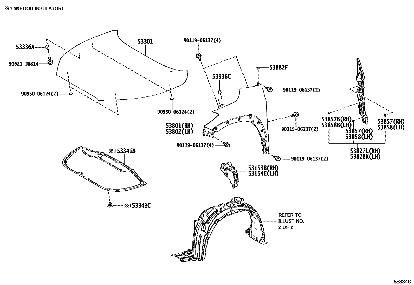 Toyota COROLLA 发动机盖和前翼子板 EPC diagram — 538346