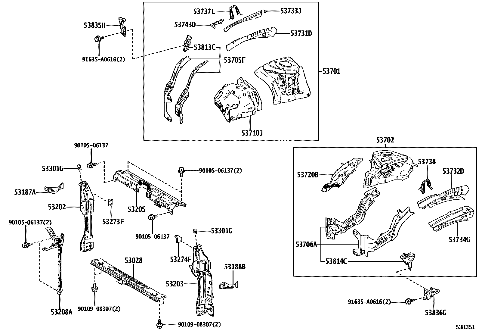Toyota COROLLA 前翼子板挡泥板和前围板 EPC diagram — 538351