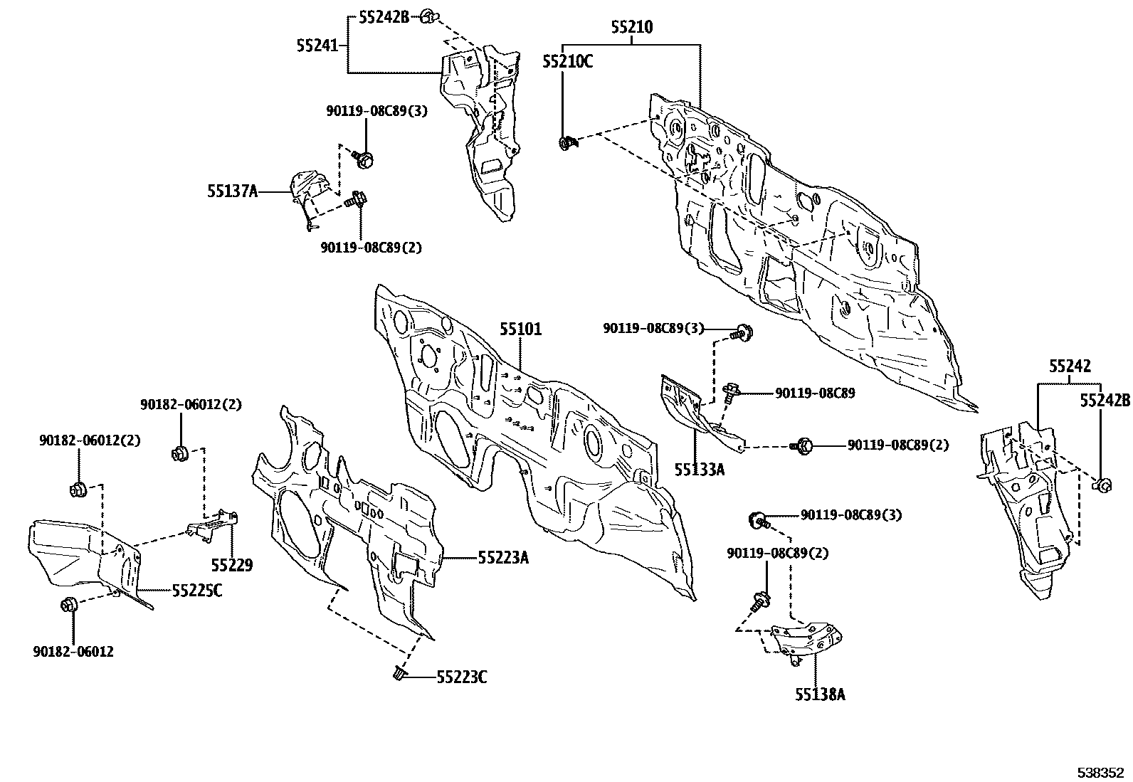 Toyota COROLLA 前翼子板挡泥板和前围板 EPC diagram — 538352