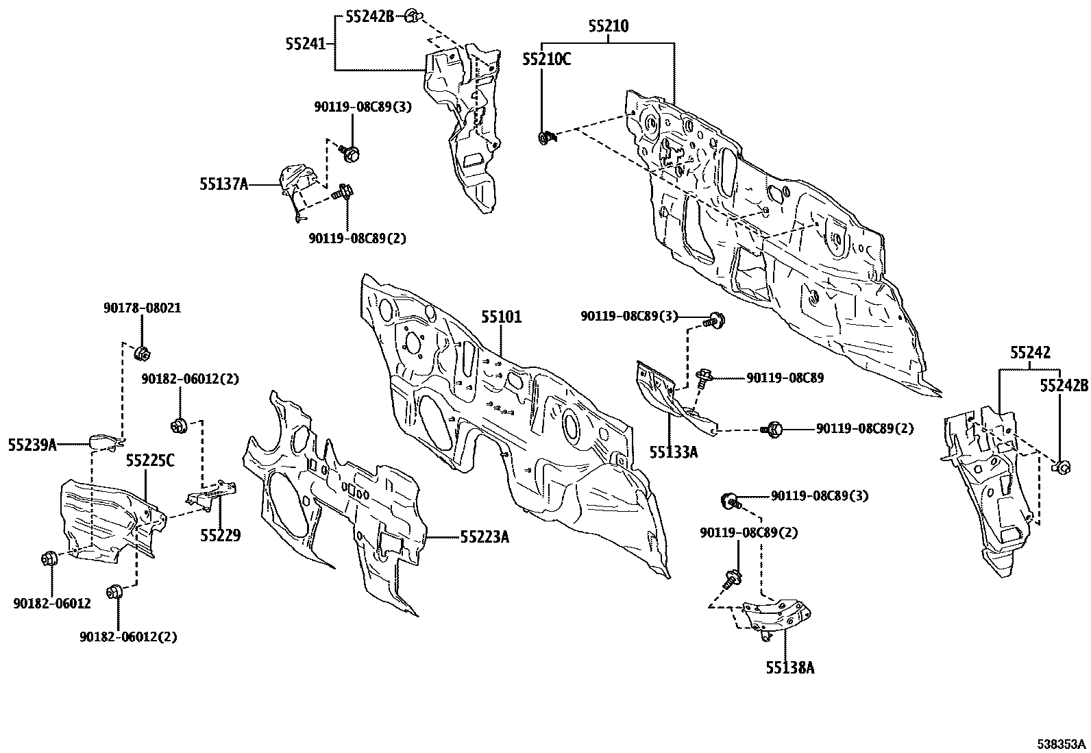 Toyota COROLLA 前翼子板挡泥板和前围板 EPC diagram — 538353A