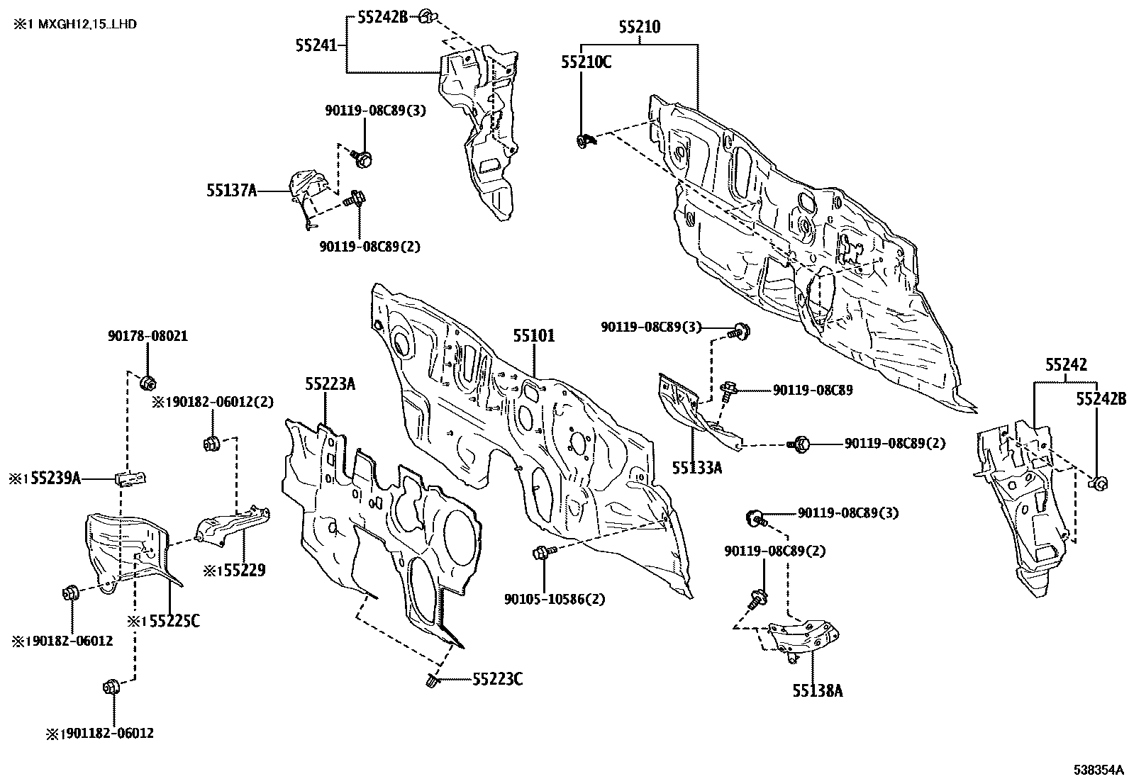 Toyota COROLLA 前翼子板挡泥板和前围板 EPC diagram — 538354A