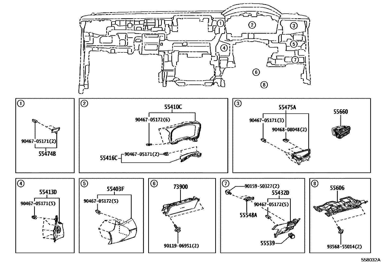 Toyota COROLLA 仪表板和手套箱 EPC diagram — 558032A
