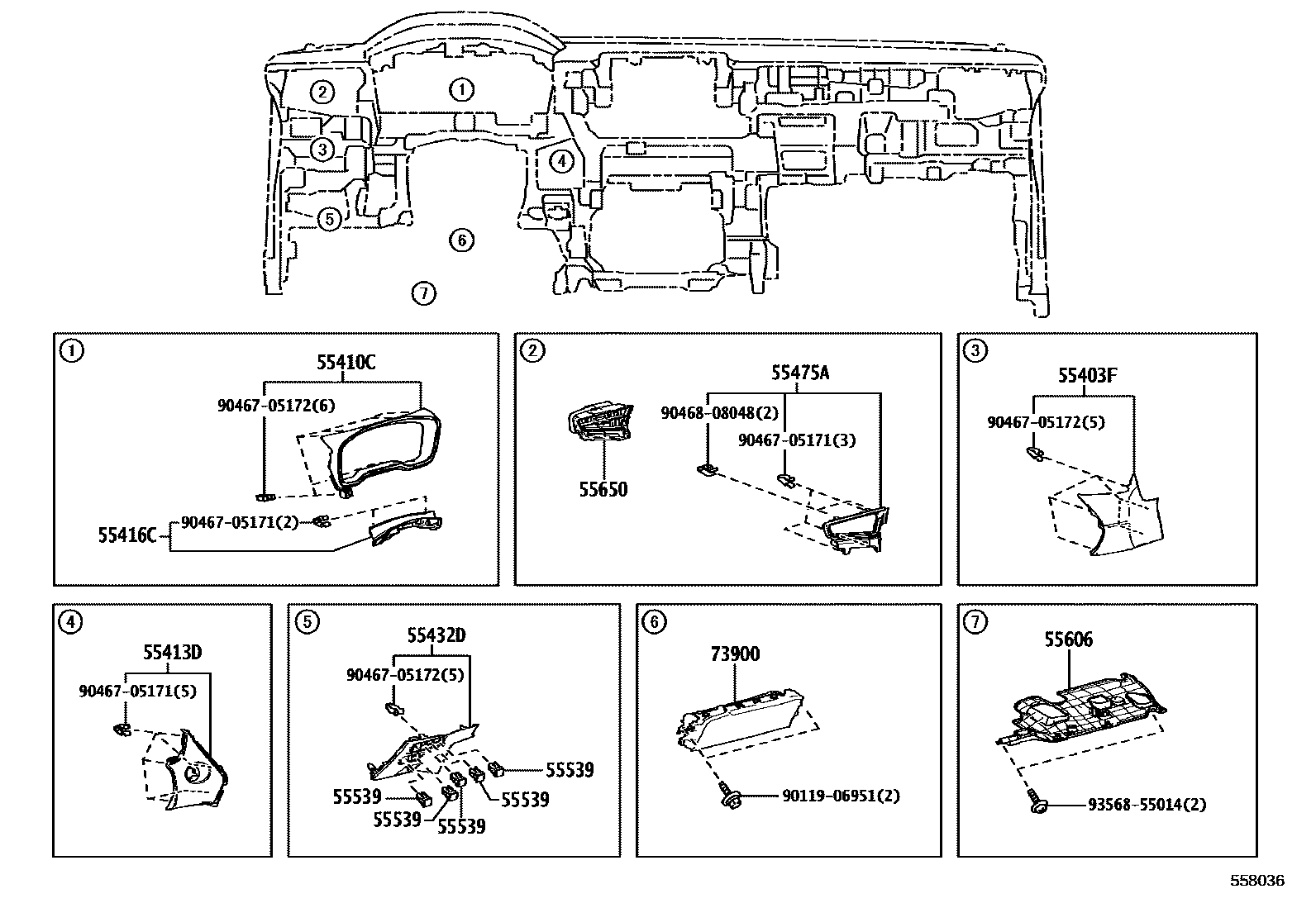 Toyota COROLLA 仪表板和手套箱 EPC diagram — 558036