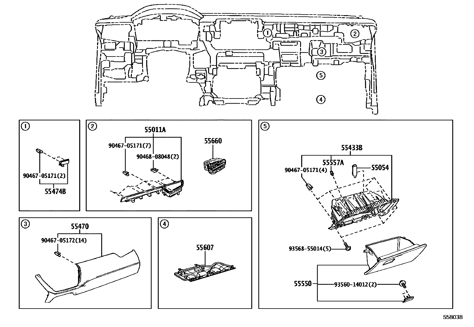 Toyota COROLLA 仪表板和手套箱 EPC diagram — 558038