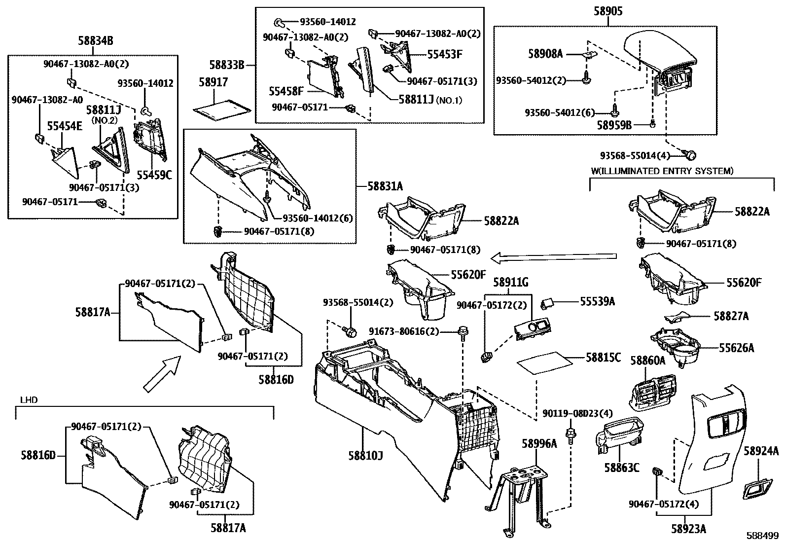 Toyota COROLLA 中央扶手箱和支架 EPC diagram — 588499