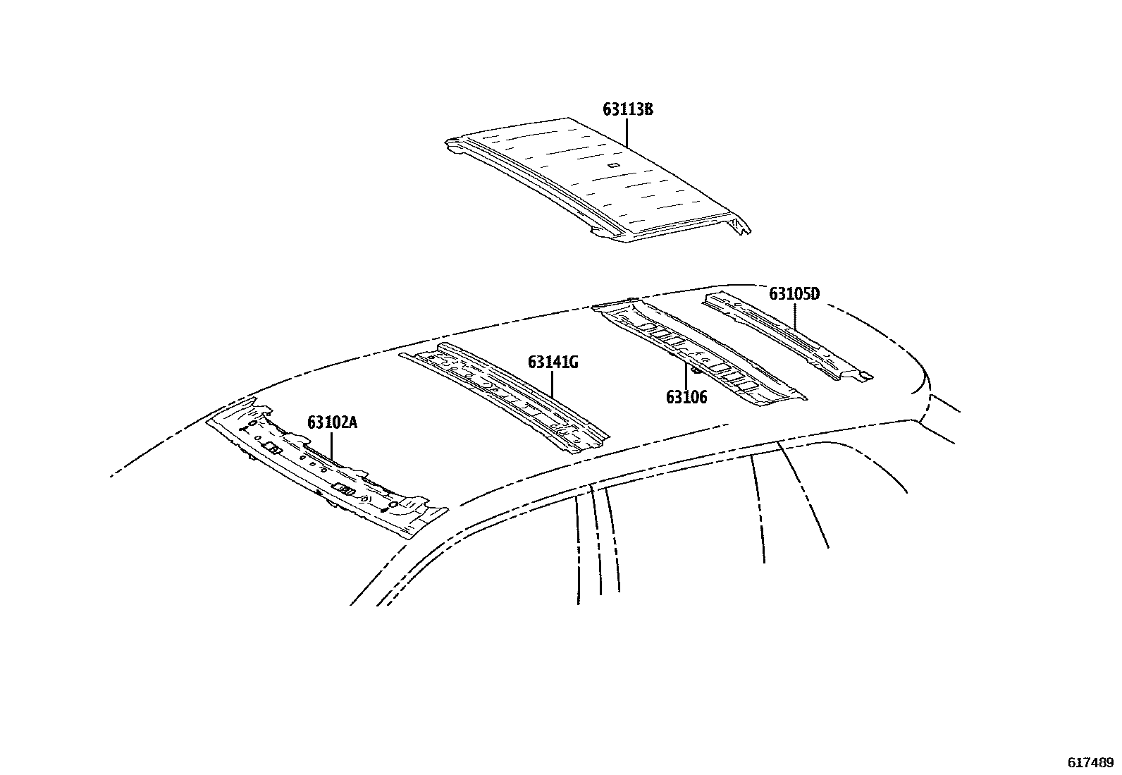 Toyota COROLLA 天窗板和背窗玻璃 EPC diagram — 617489