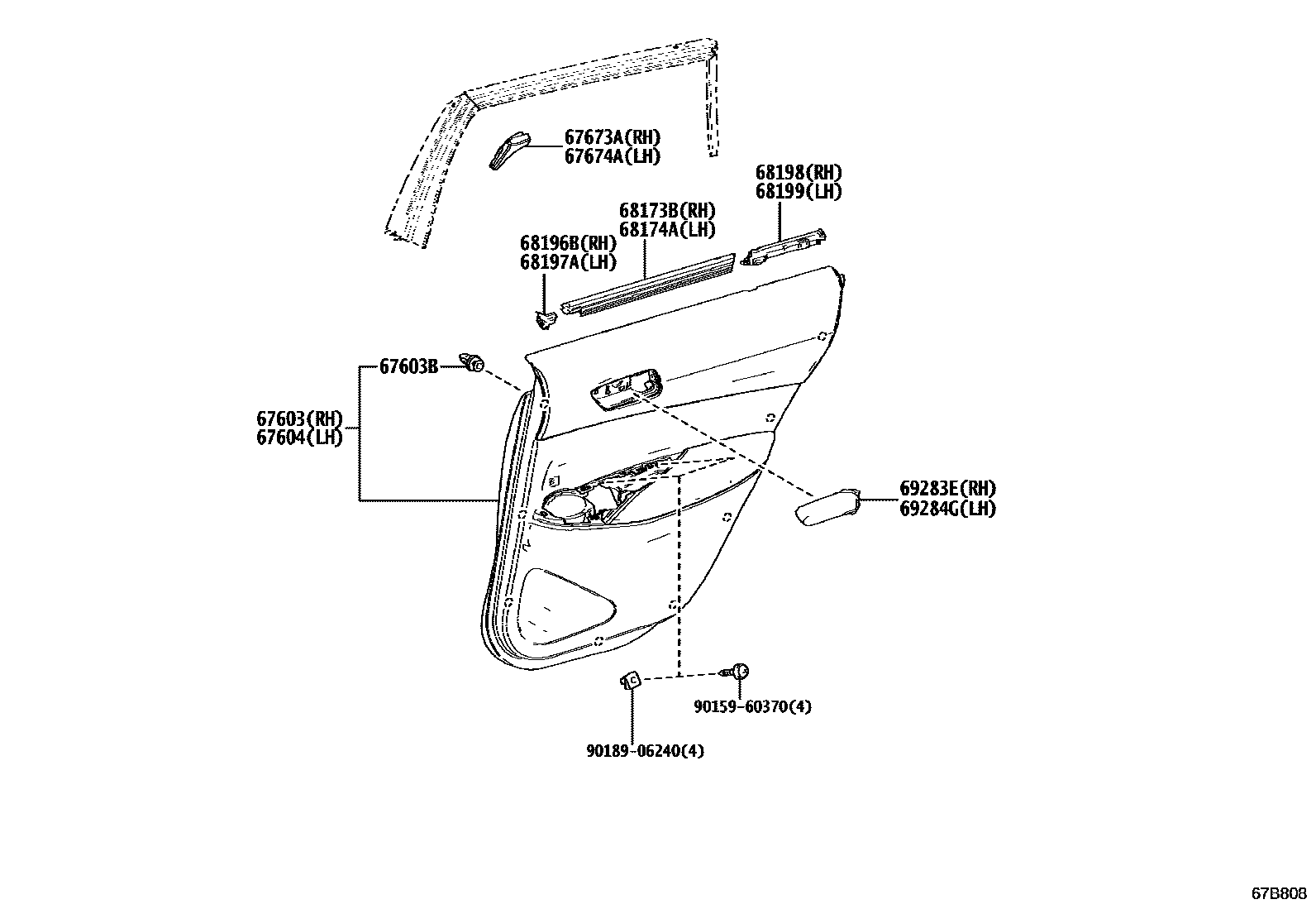 Toyota COROLLA 后门板和后门玻璃 EPC diagram — 67B808