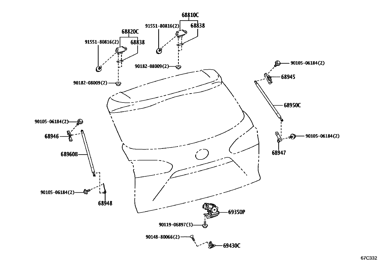 Toyota COROLLA 背门锁和背门把手 EPC diagram — 67C332