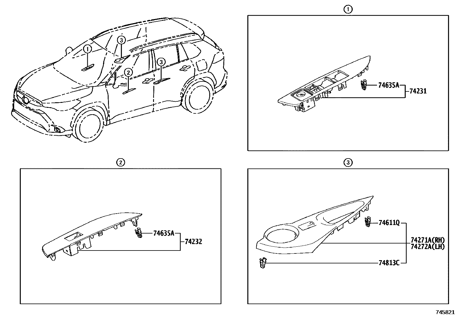 Toyota COROLLA 扶手和遮阳板 EPC diagram — 745821