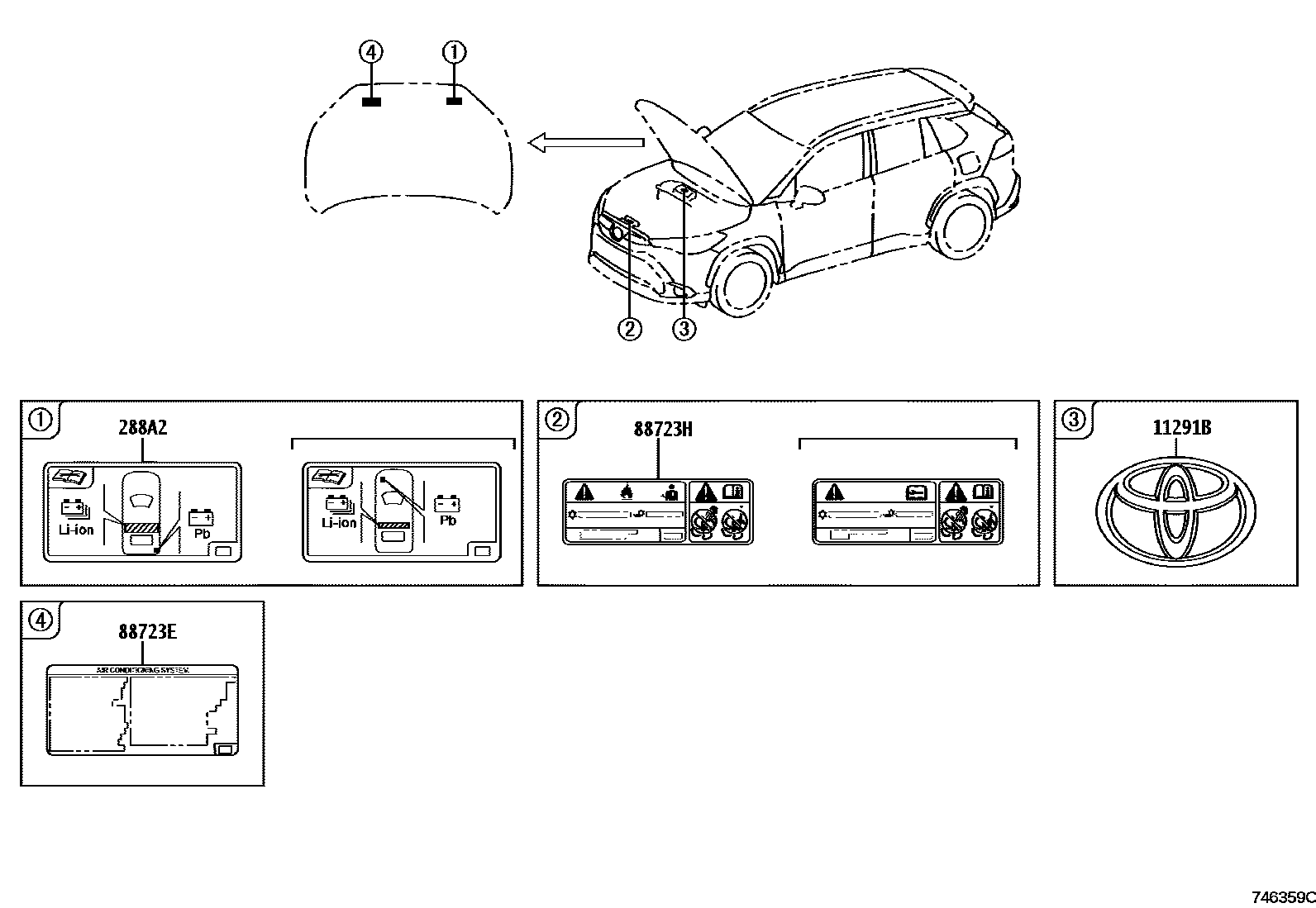 Toyota COROLLA 警示铭牌(车外和车内) EPC diagram — 746359C