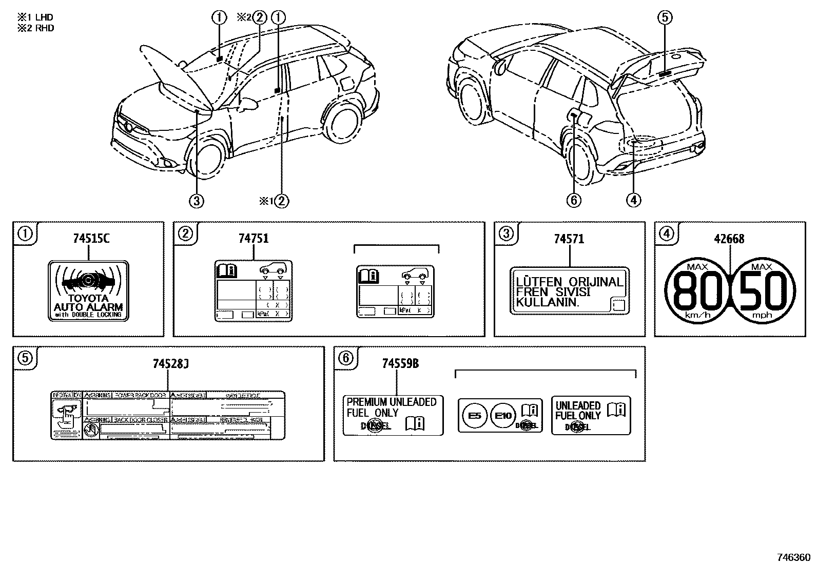 Toyota COROLLA 警示铭牌(车外和车内) EPC diagram — 746360