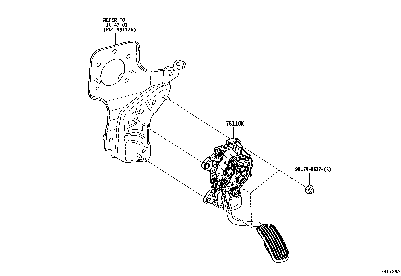 Toyota COROLLA accelerator pedal connecting rod EPC diagram — 781736A