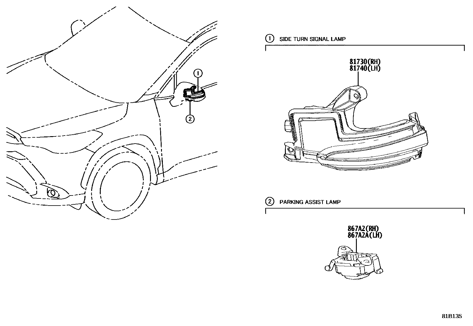 Toyota COROLLA Side Turn Signal & Outer Mirror Lamp EPC diagram — 81B135