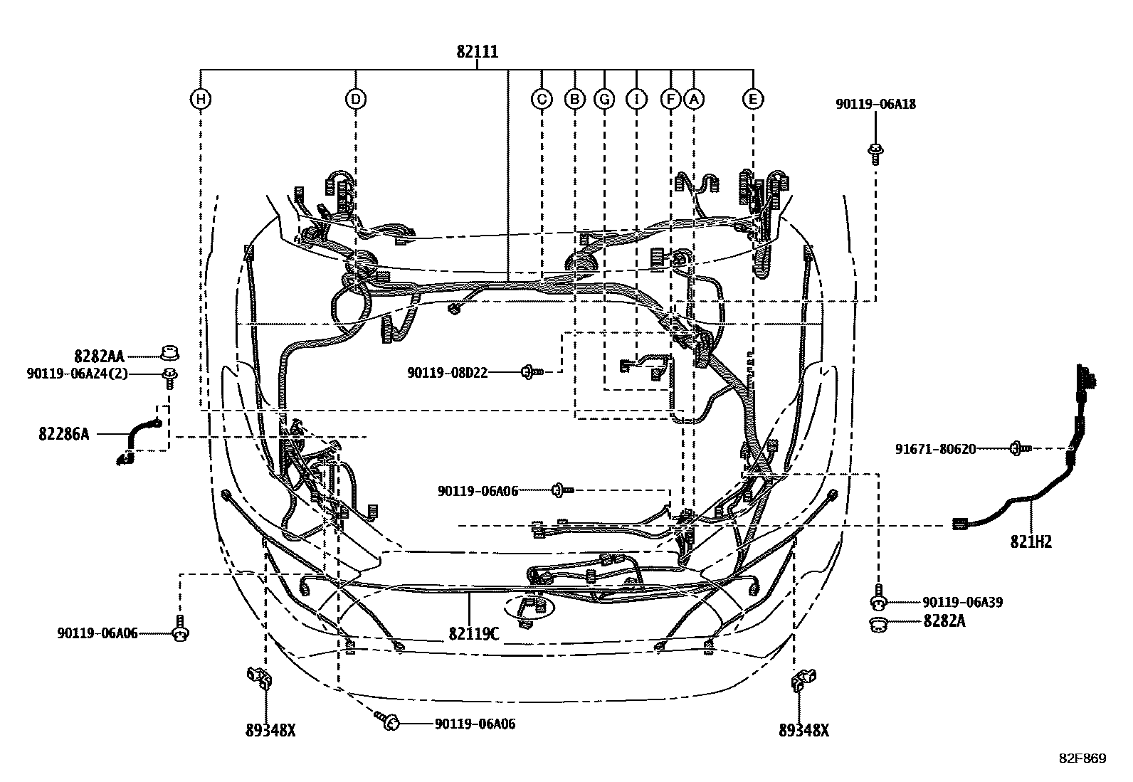 Toyota COROLLA 线束和卡夹 EPC diagram — 82F869