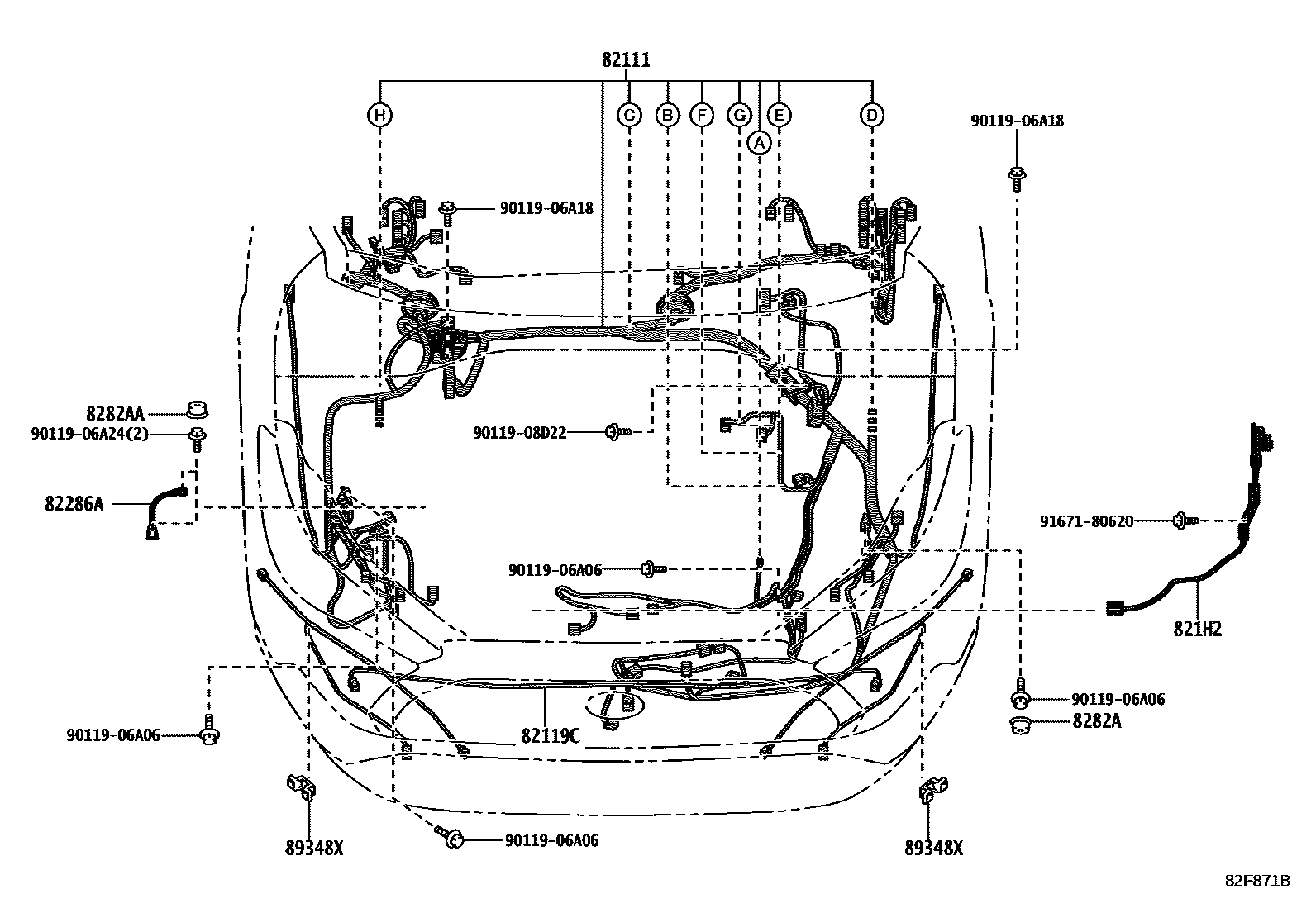 Toyota COROLLA 线束和卡夹 EPC diagram — 82F871B