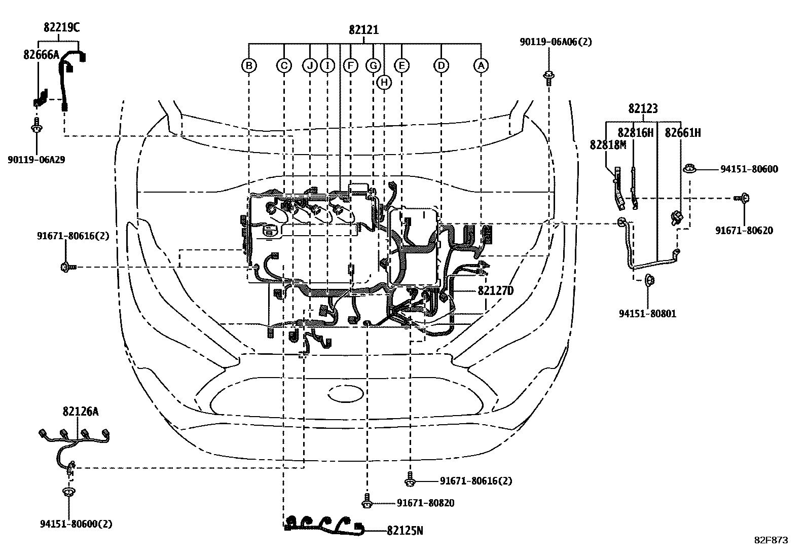 Toyota COROLLA 线束和卡夹 EPC diagram — 82F873