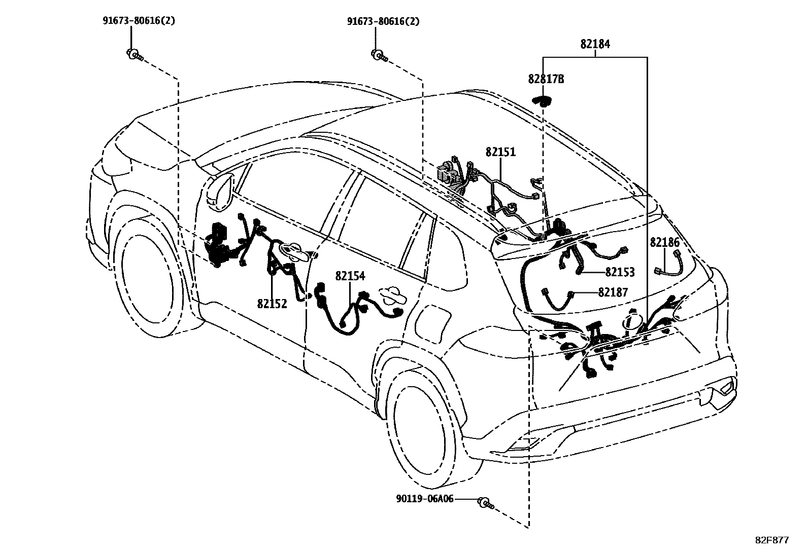 Toyota COROLLA 线束和卡夹 EPC diagram — 82F877