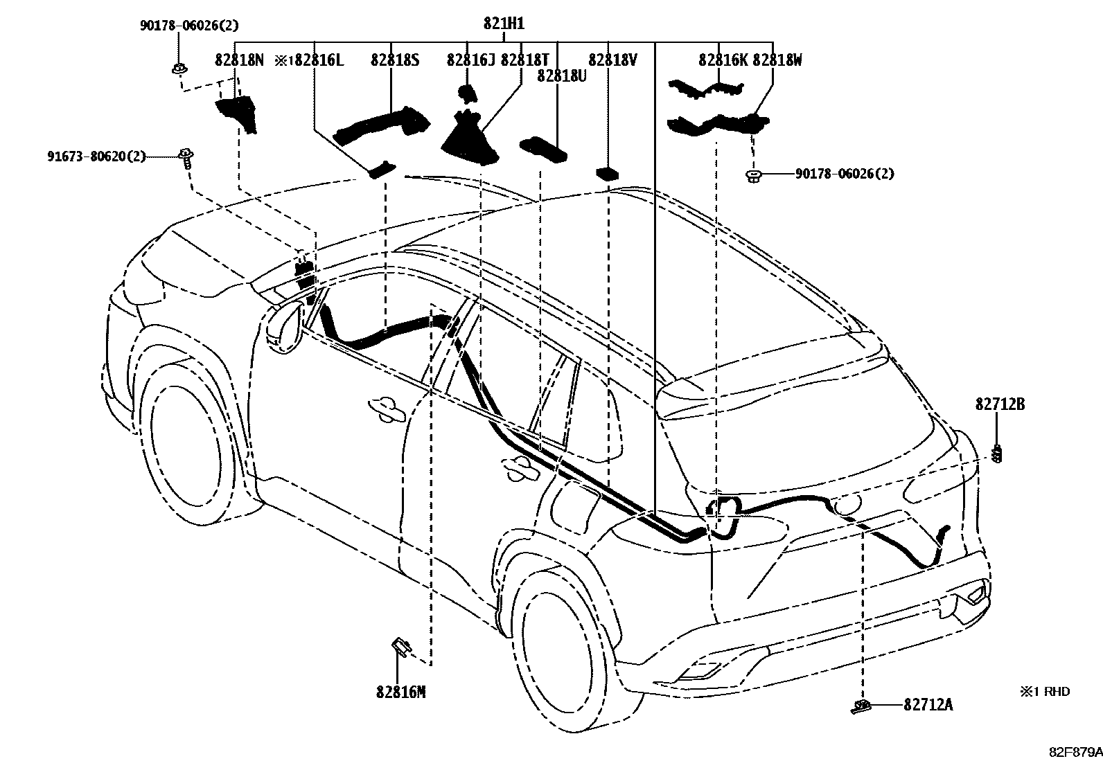 Toyota COROLLA 线束和卡夹 EPC diagram — 82F879A