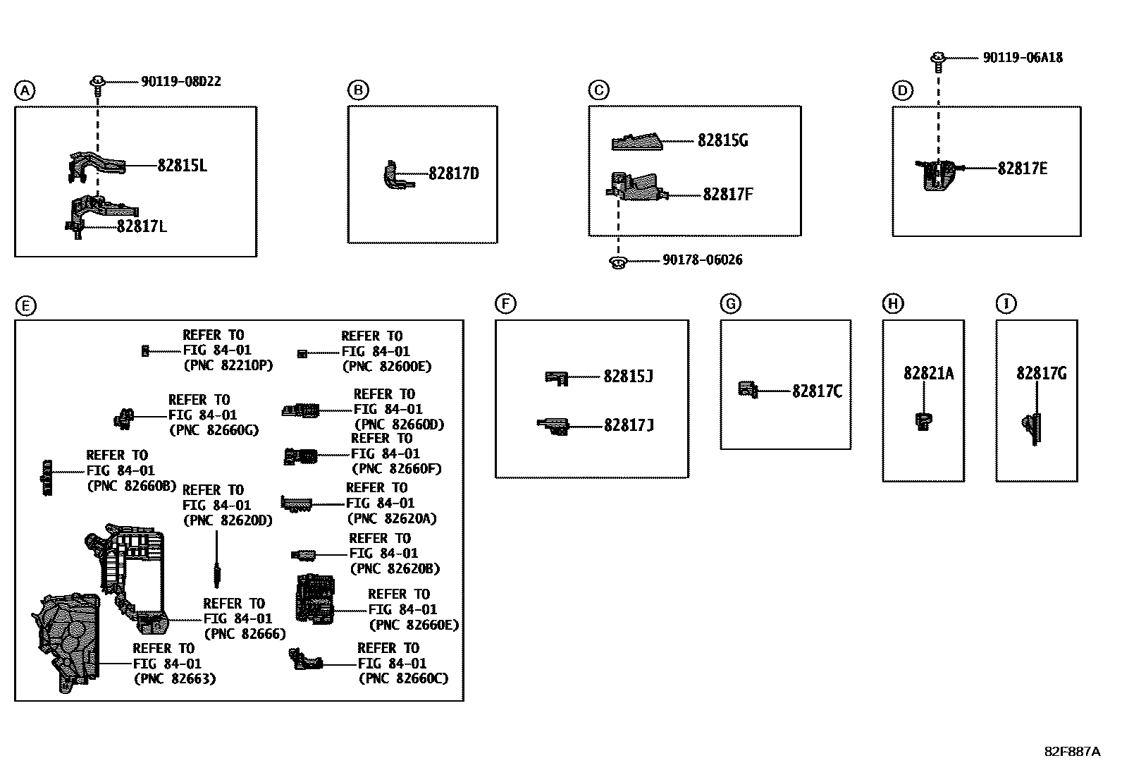 Toyota COROLLA 线束和卡夹 EPC diagram — 82F887C