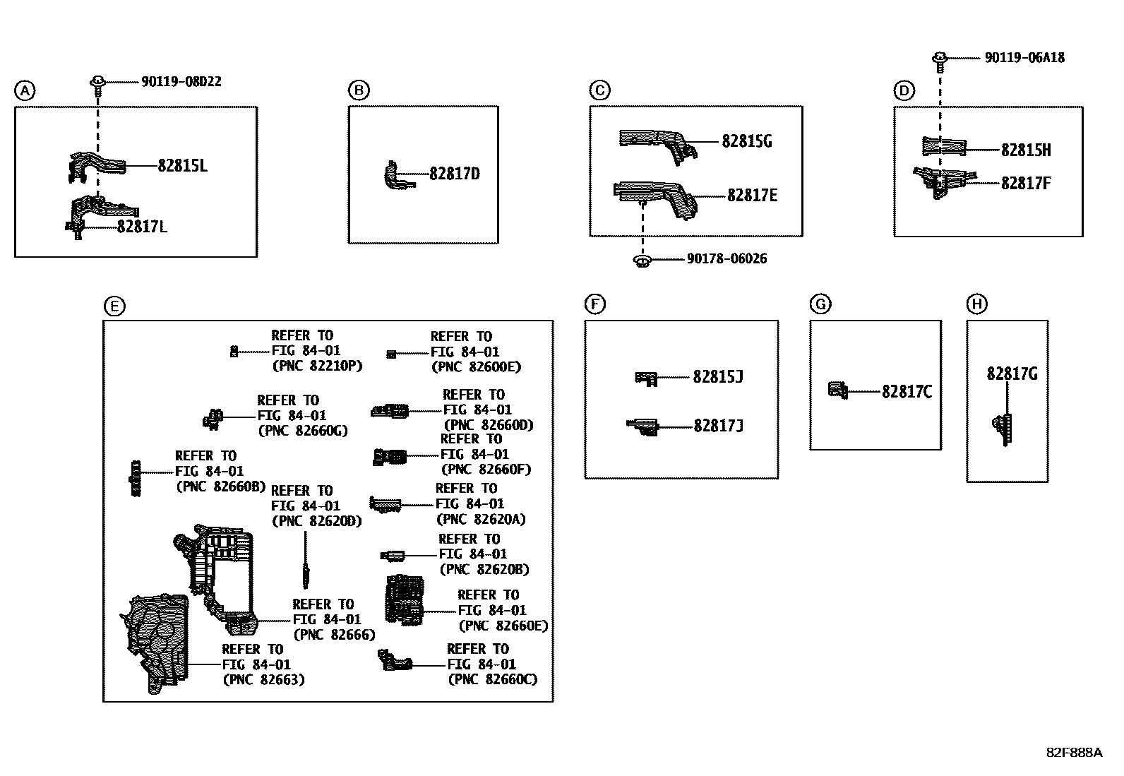 Toyota COROLLA 线束和卡夹 EPC diagram — 82F888C
