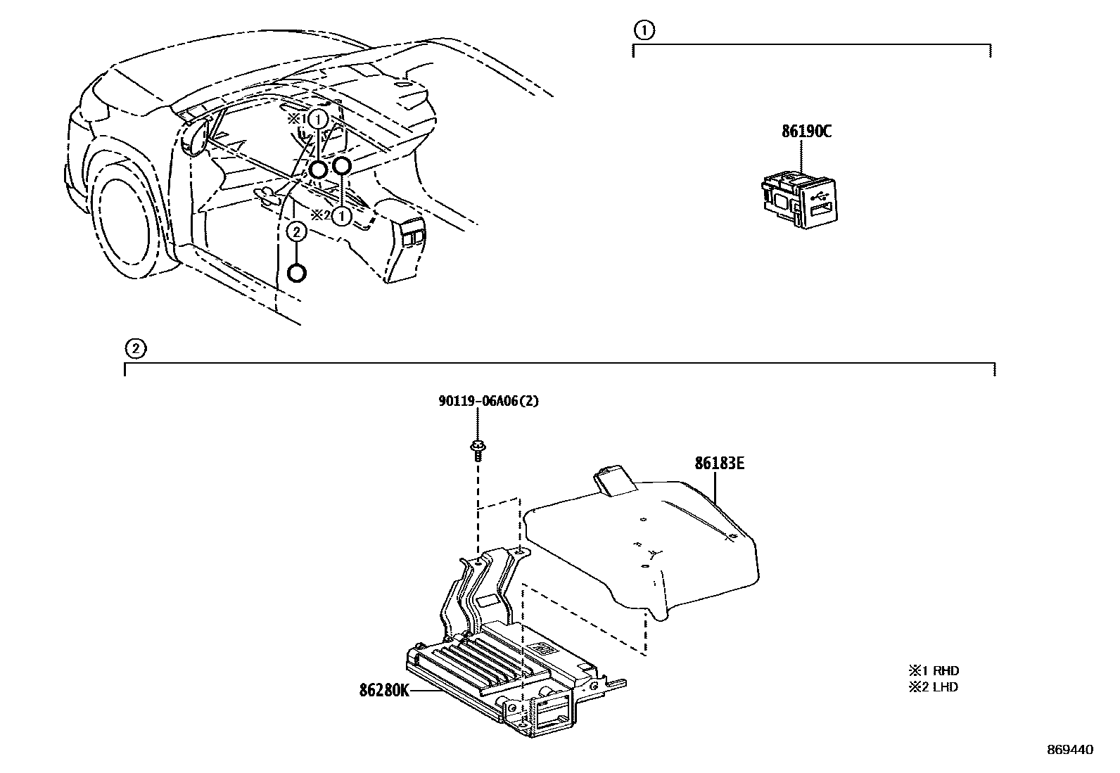 Toyota COROLLA 收音机、放大器和冷凝器 EPC diagram — 869440
