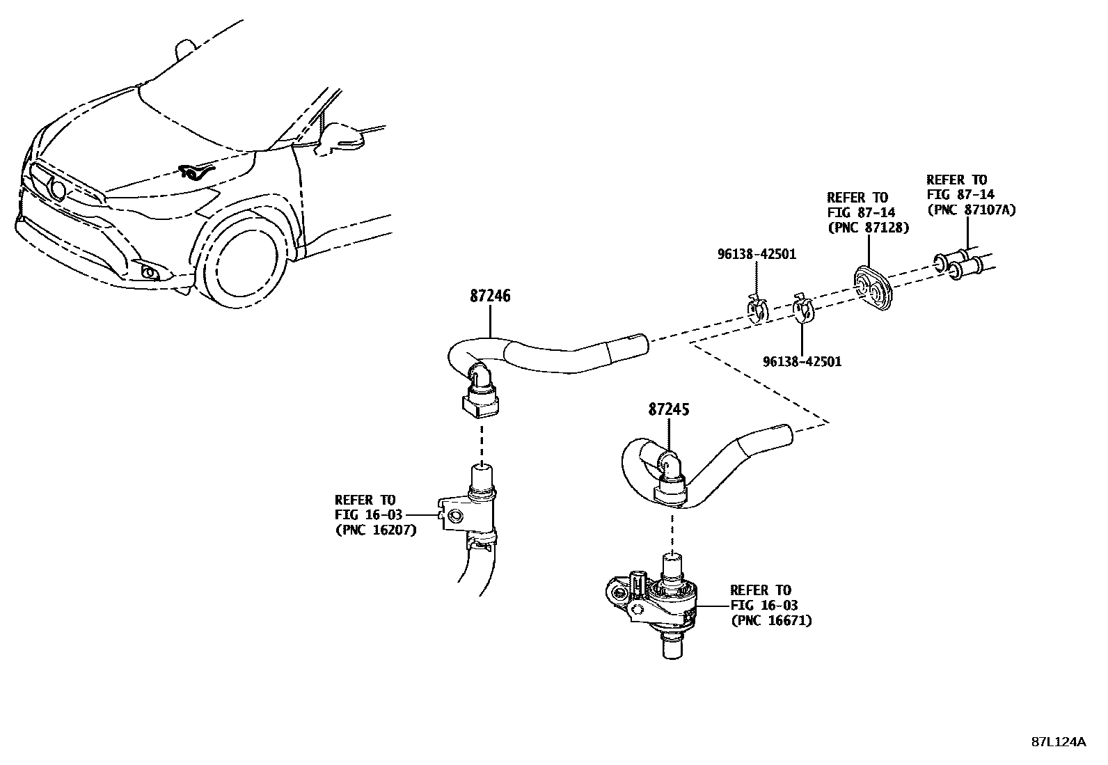 Toyota COROLLA 暖风和空调系统 - 水管 EPC diagram — 87L124A