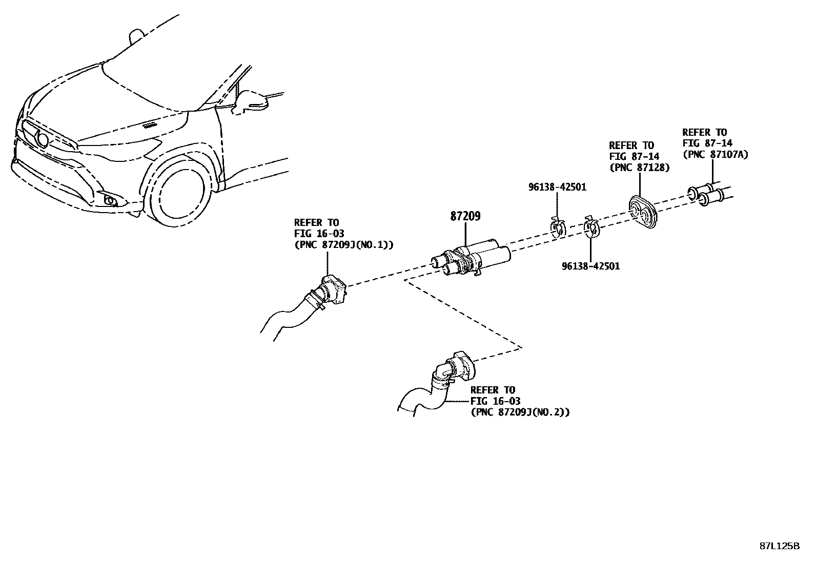 Toyota COROLLA 暖风和空调系统 - 水管 EPC diagram — 87L125B