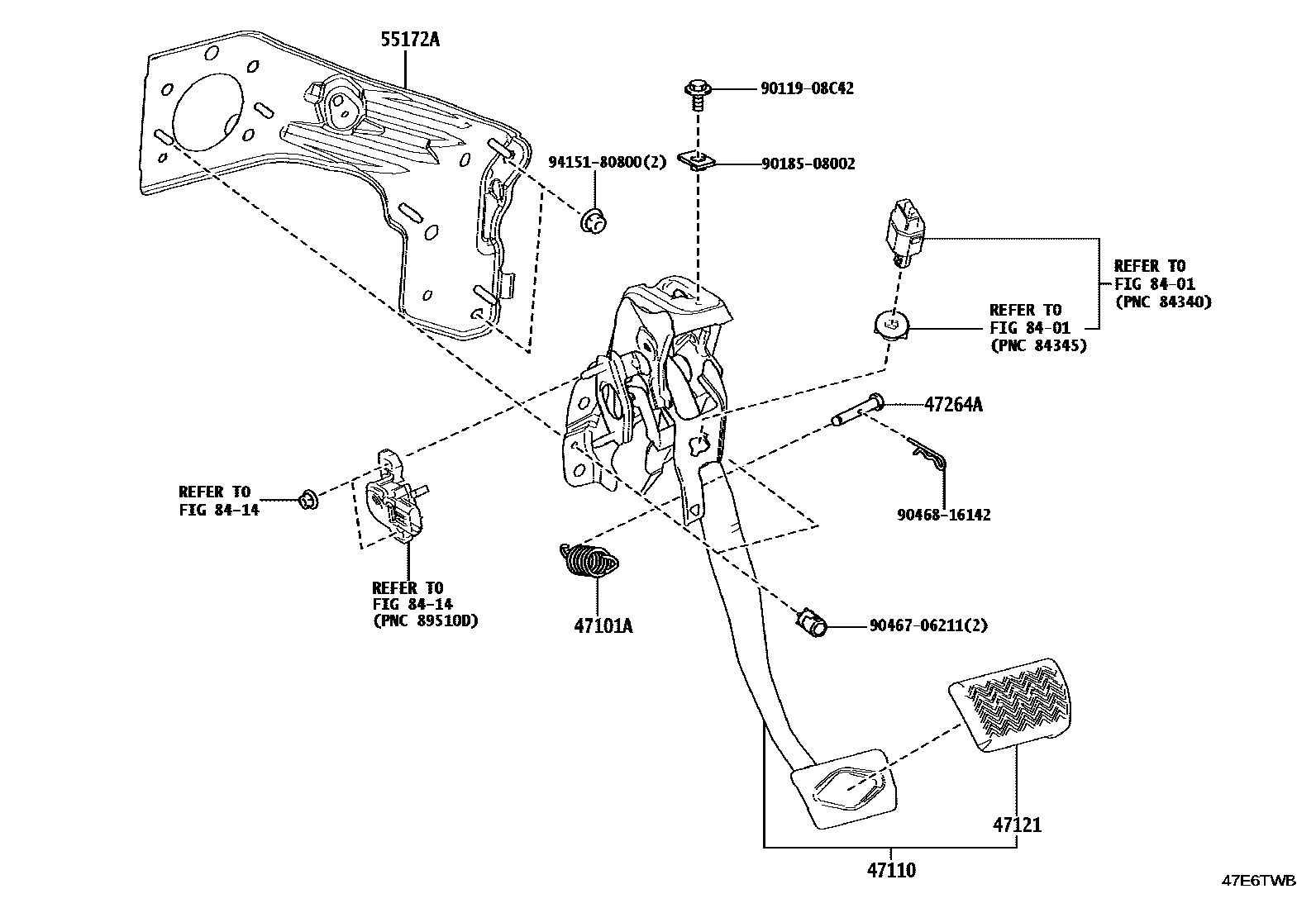 Toyota COROLLA Brake Pedal & Bracket EPC diagram — 47E6TWB