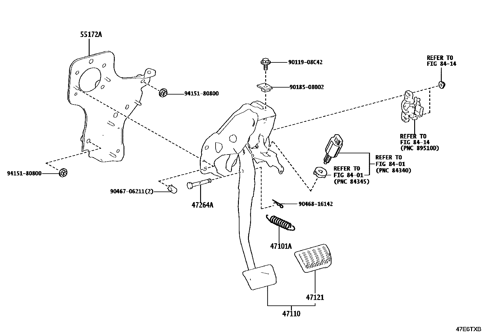 Toyota COROLLA Brake Pedal & Bracket EPC diagram — 47E6TXB
