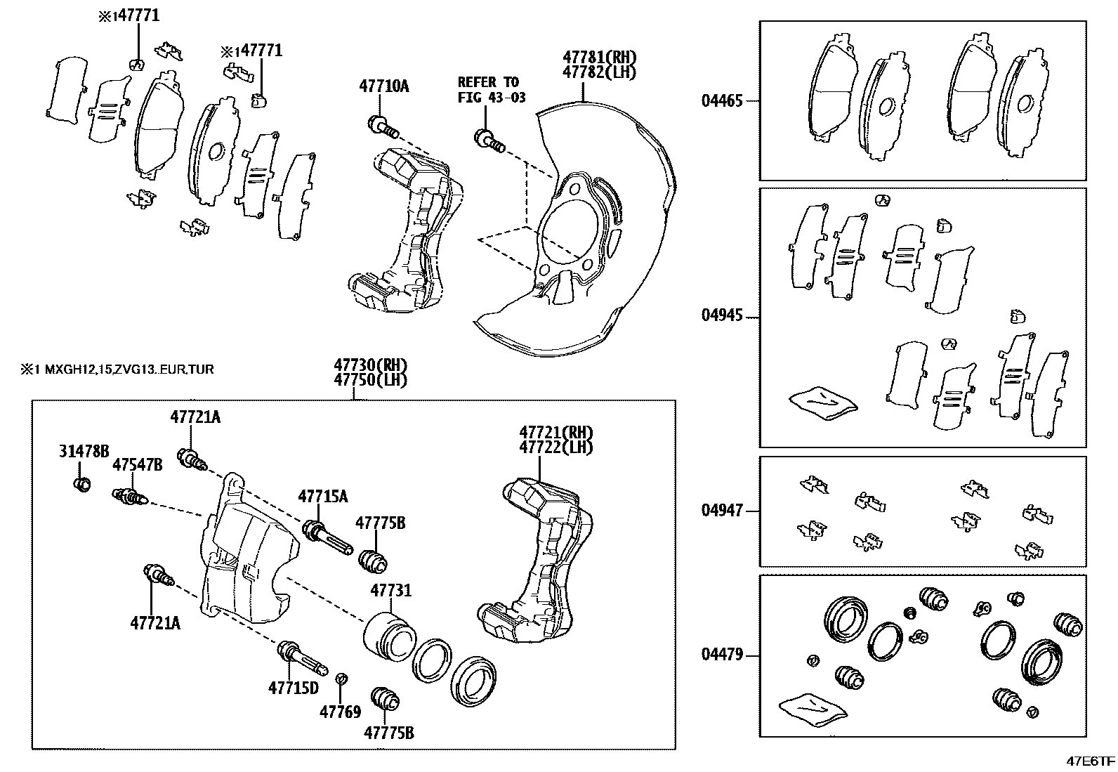 Toyota COROLLA 前盘式制动器卡钳和防尘罩 EPC diagram — 47E6TF